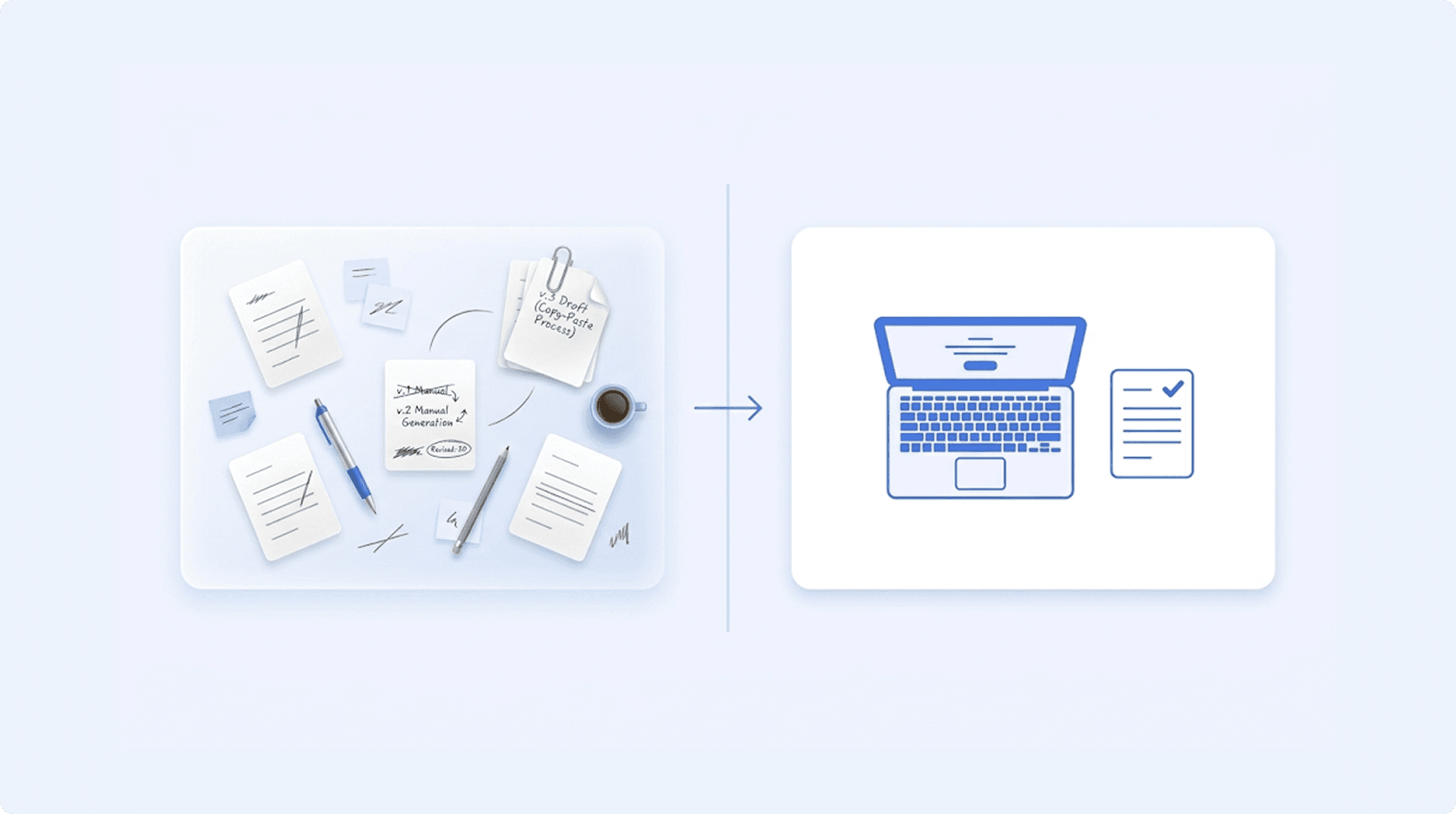 Split-screen showing messy manual document workflow on the left versus clean Jasdoc one-click generation on the right